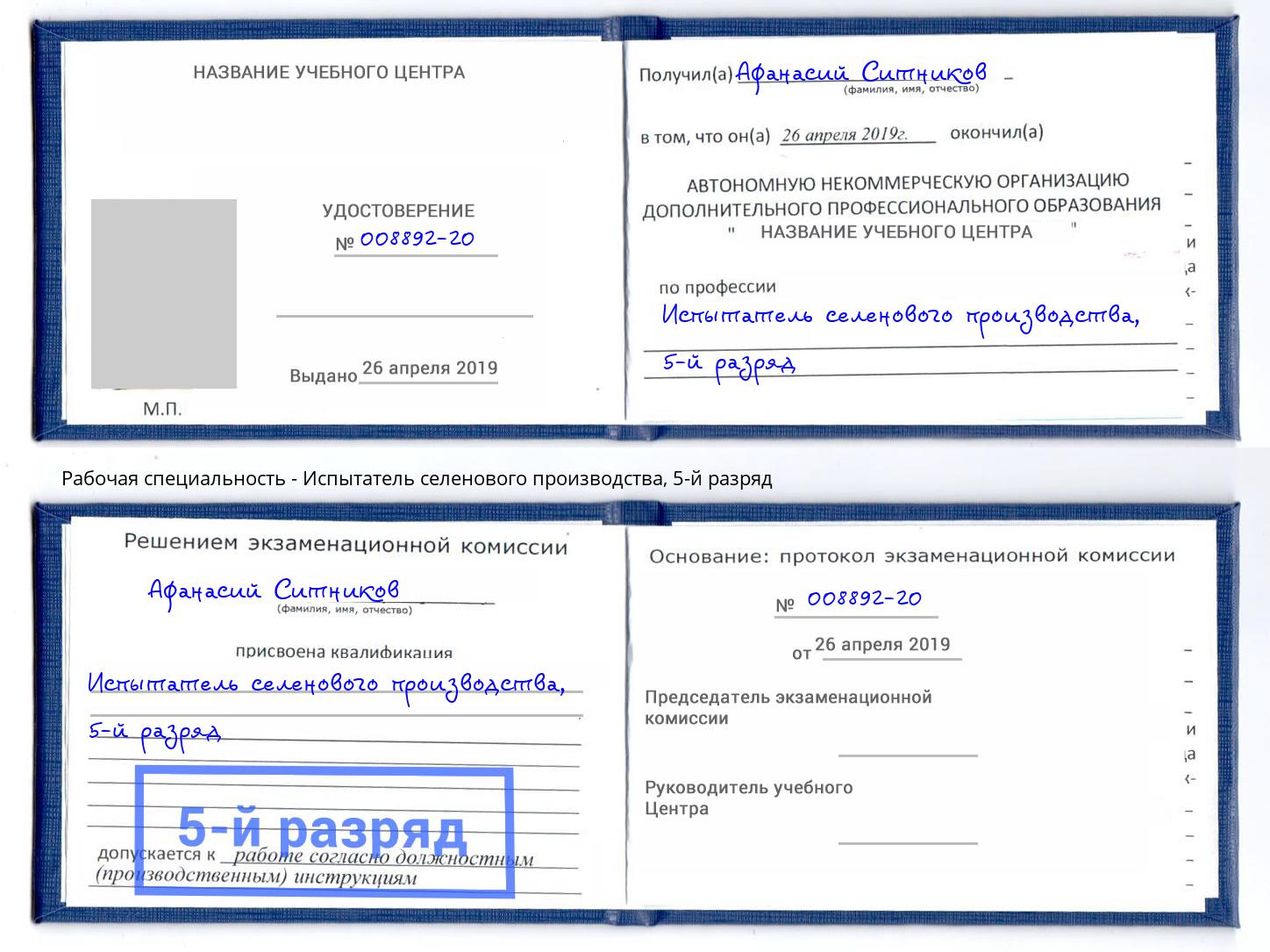 корочка 5-й разряд Испытатель селенового производства Мыски