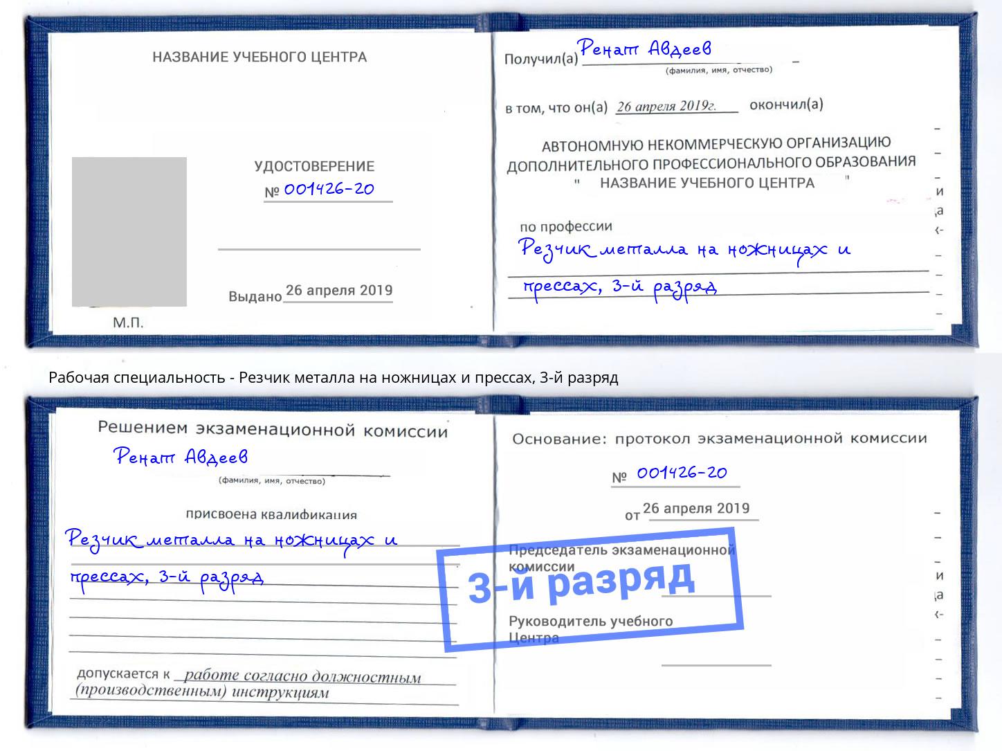 корочка 3-й разряд Резчик металла на ножницах и прессах Мыски