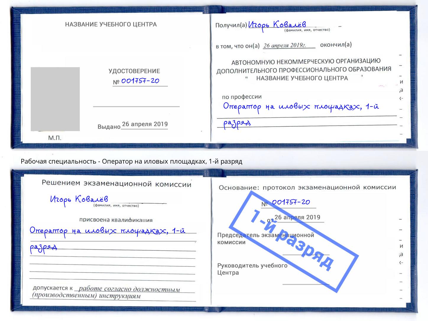 корочка 1-й разряд Оператор на иловых площадках Мыски