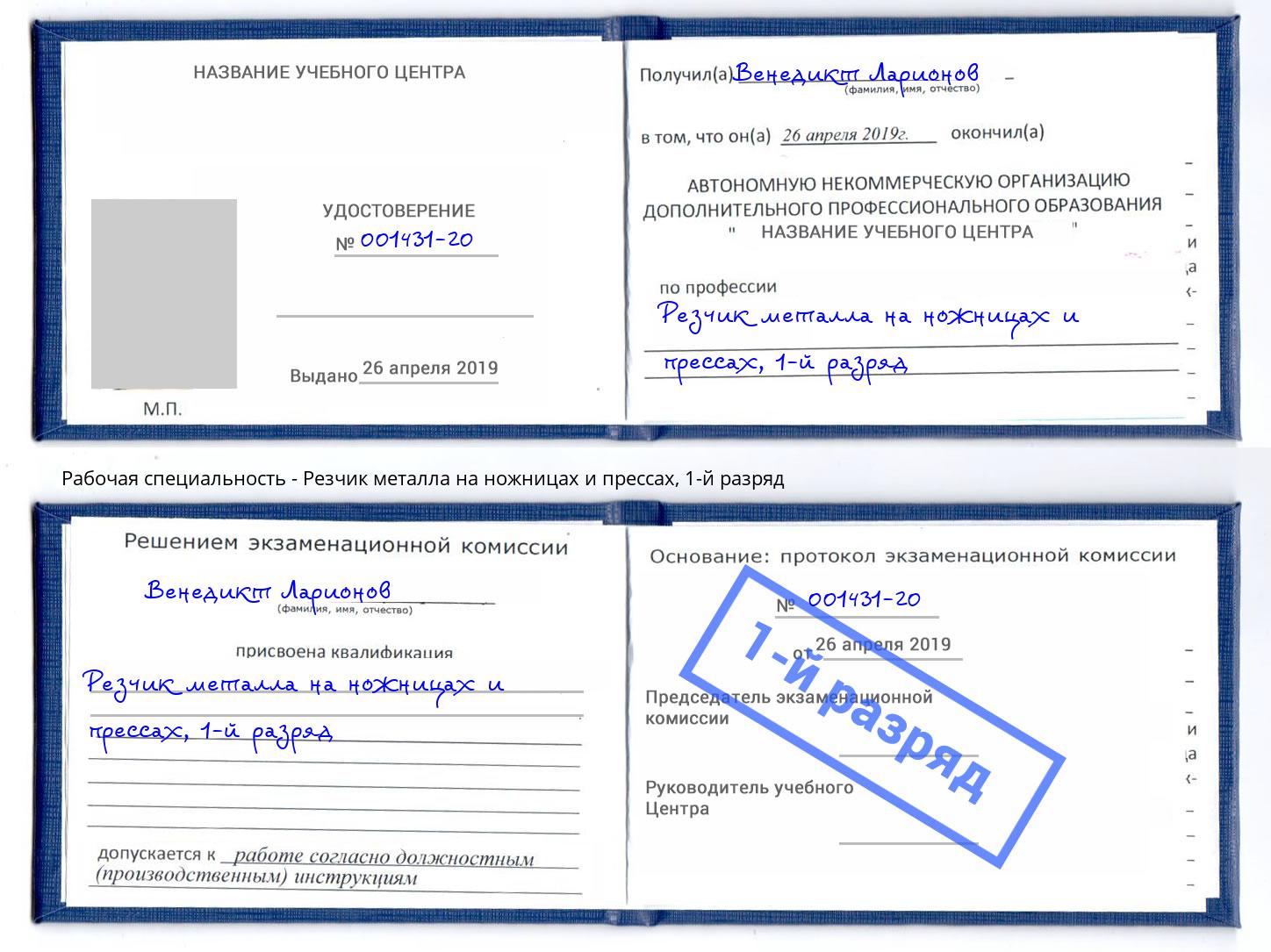 корочка 1-й разряд Резчик металла на ножницах и прессах Мыски